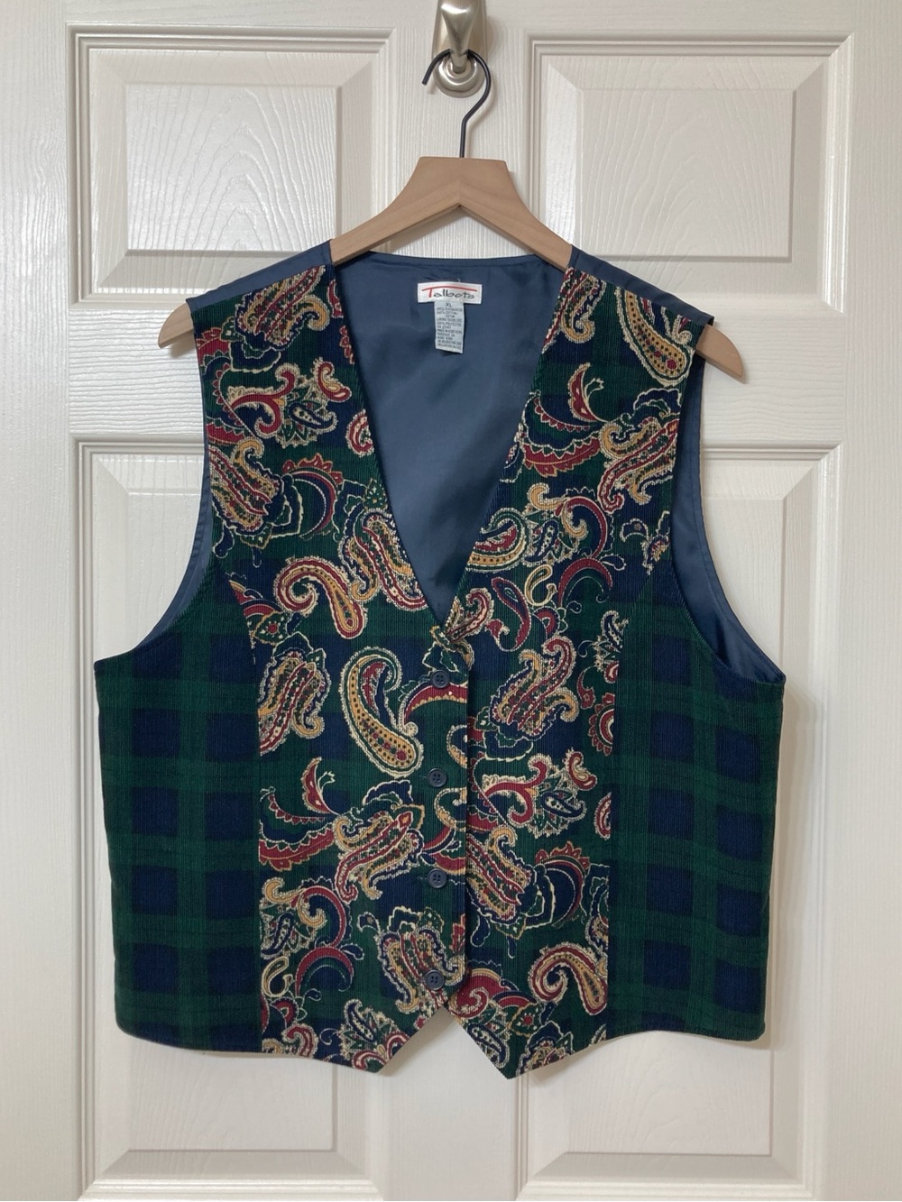 Vintage Green Plaid & Paisley Corduroy Button Front Vest XL Dark Academia Indie
